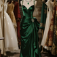 Green suspender satin slim waist pleated skirt long ball gown R6070