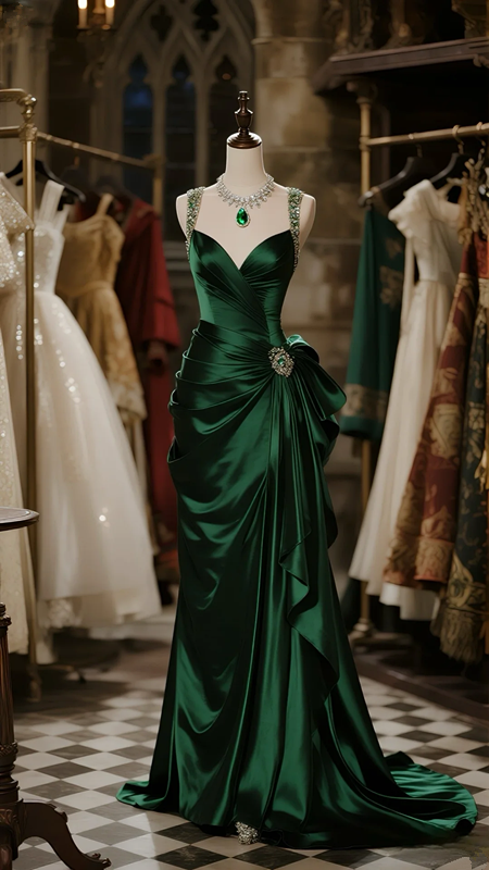 Green suspender satin slim waist pleated skirt long ball gown R6070