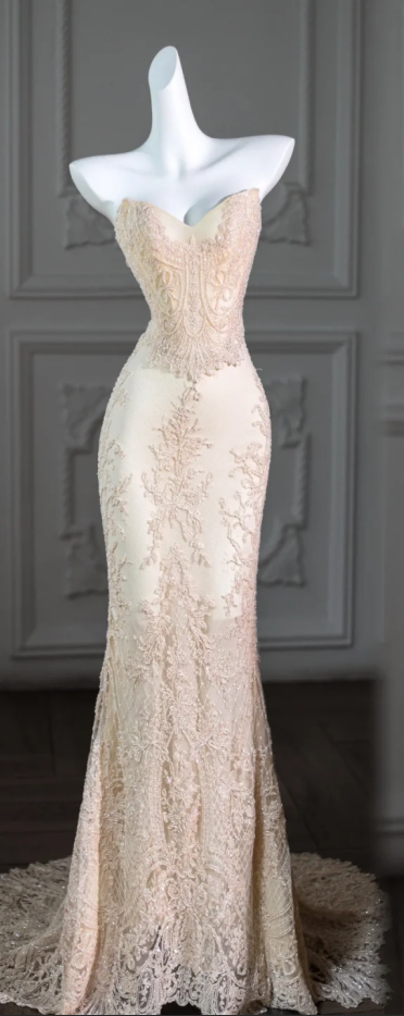 Apricot Strapless Waist Slim Fit Hip Long Dress Bridal Gown R5778