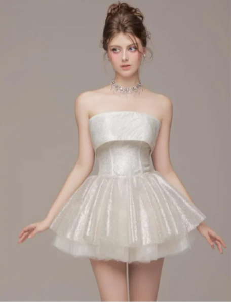 White elegant daughter tube top waist puffy princess skirt homecoming dress R4838