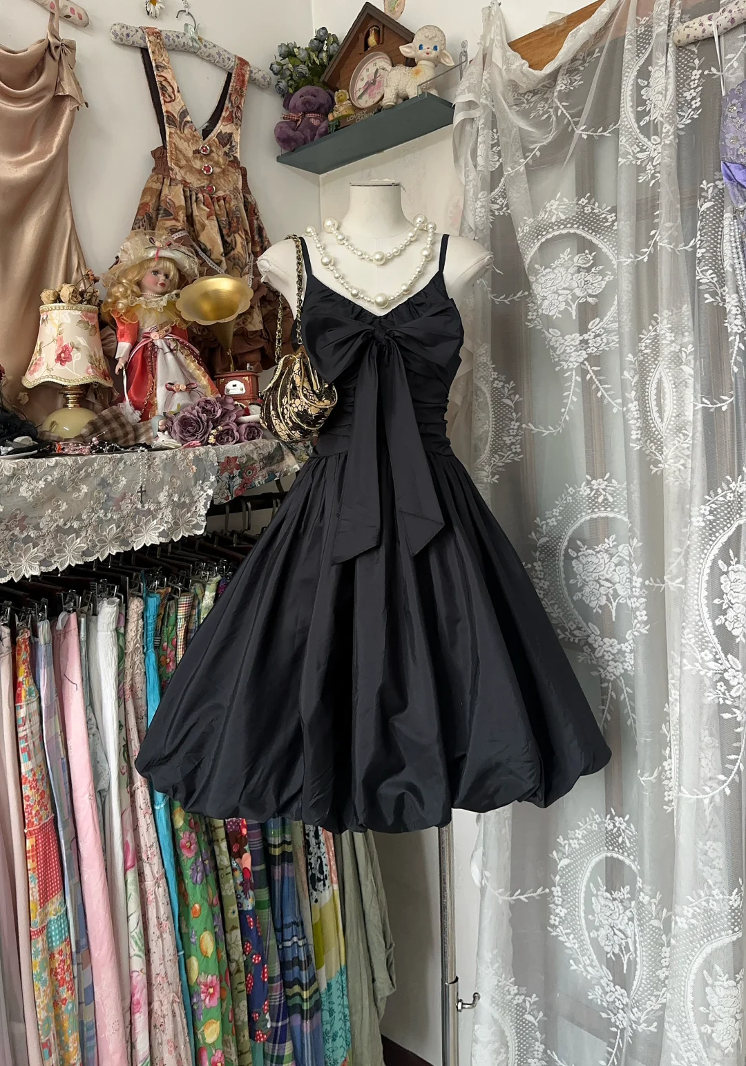 Black suspender waist pleated satin A-line bud skirt short ball gown R6172