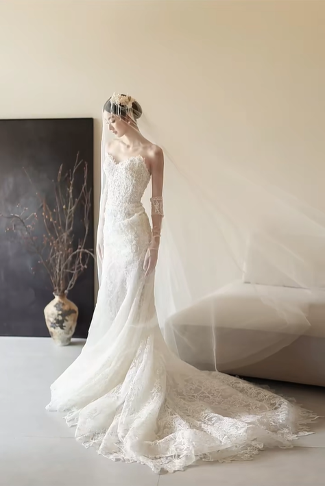 White strapless lace waist slim sexy long dress bridal gown R6052