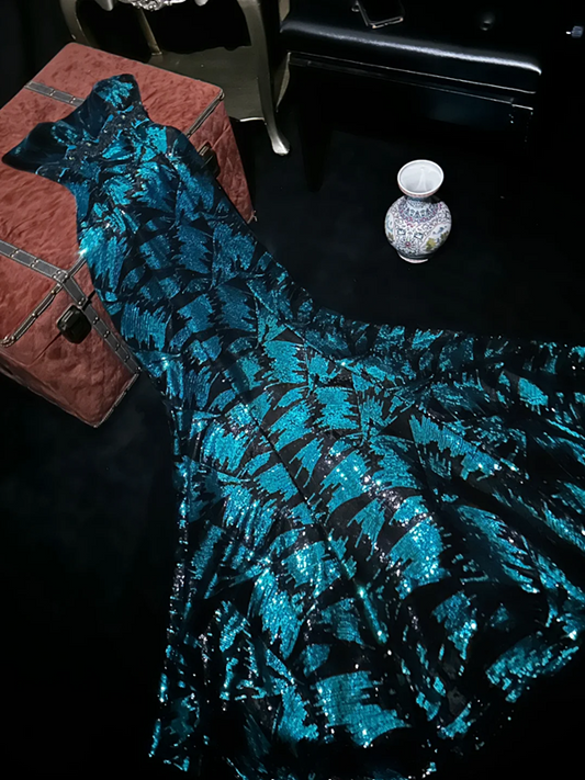 Dark green strapless floral sequined fitted long ball gown R7050