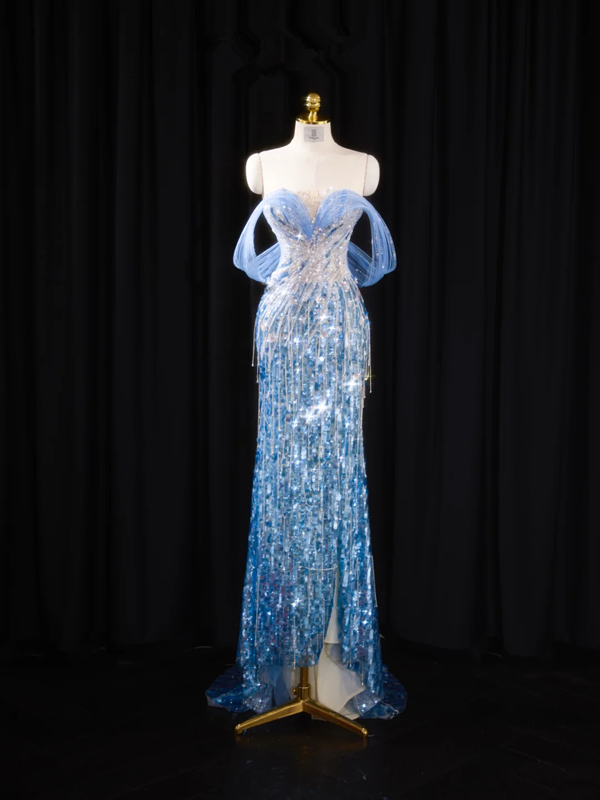 Light blue off-the-shoulder fitted long ball gown, bridal dress R8917