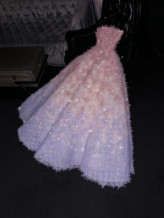 Light pink strapless, fitted waist, full skirt, long ball gown, bridal dress R8797