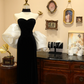 Black strapless long wedding dress with white shawl, fitted waist and hips R6571
