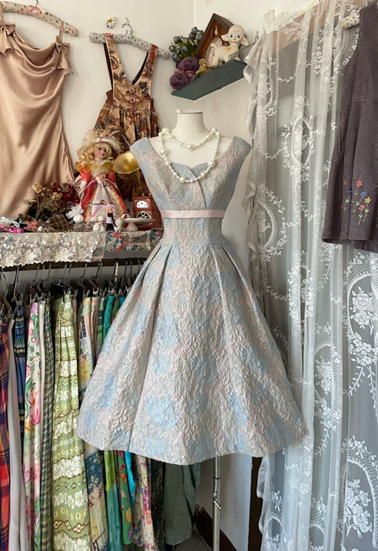 Blue and pink sleeveless fitted A-line mini ball gown R6331