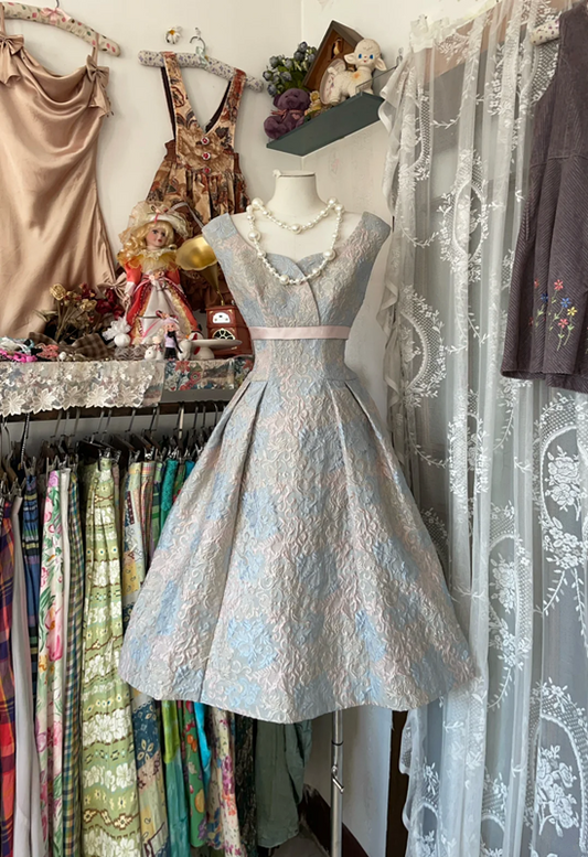 Blue and pink sleeveless fitted A-line mini ball gown R6331