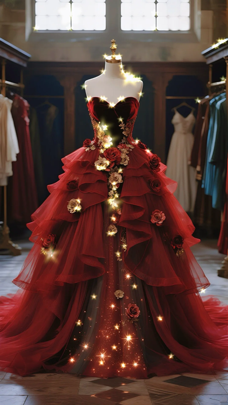 Red strapless slim waist ball gown, bridal gown R6092