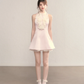 Pink halter neck slim waist A-line short skirt homecoming dress R5400