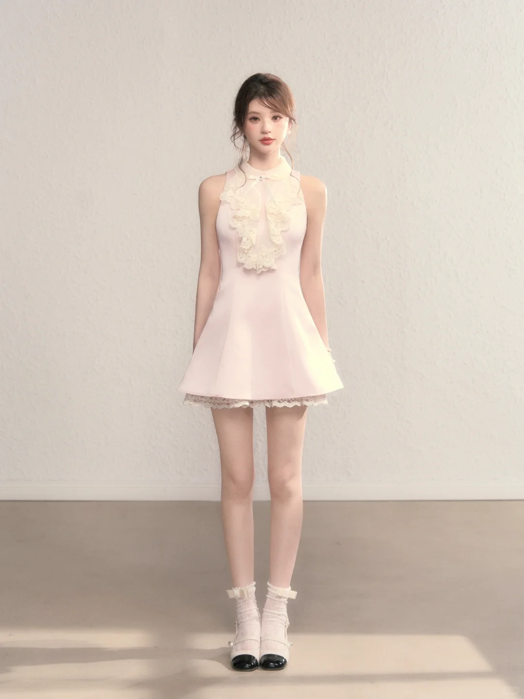 Pink halter neck slim waist A-line short skirt homecoming dress R5400