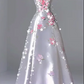 White satin dress with pink floral print, fitted waist, A-line skirt, prom dress R6451