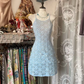 Light blue floral print halter-neck short prom dress R7449