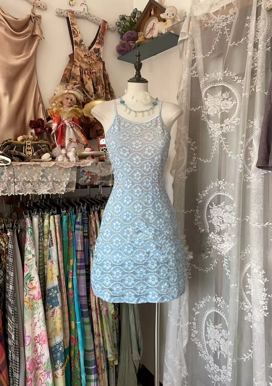 Light blue floral print halter-neck short prom dress R7449