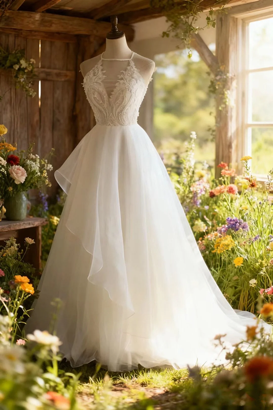 White lace halter neck fitted waist long tulle skirt ball gown, bridal dress R6731