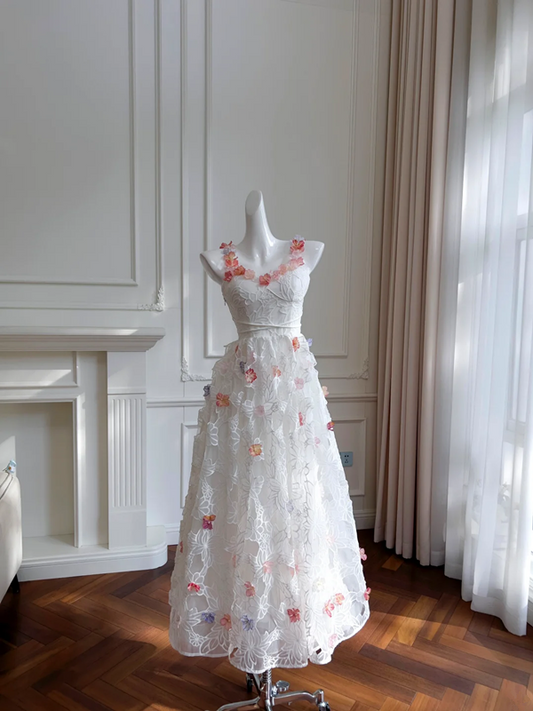 White three-dimensional flower suspenders waist slim long skirt homecoming dress R5181