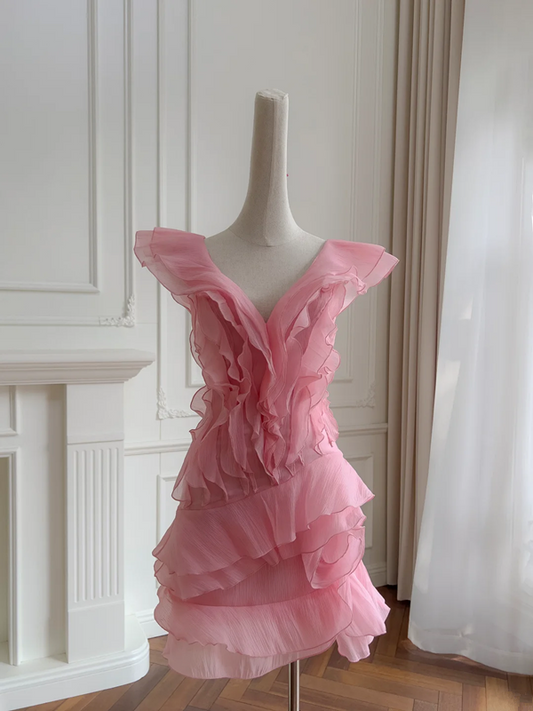 Pink Chiffon V-Neck Waist Charming Cute Short Skirt Homecoming Dress R5000