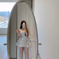White background blue floral suspenders slim waist A-line skirt R5034