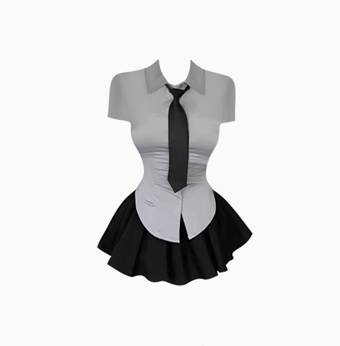 College style short-sleeved waisted gray shirt 2025 sweet and spicy puffy skirt pants suit R1193