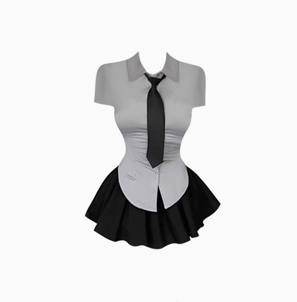 College style short-sleeved waisted gray shirt 2025 sweet and spicy puffy skirt pants suit R1193