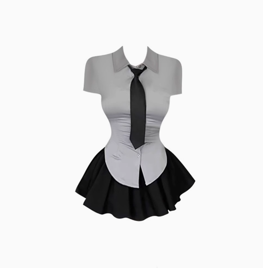 College style short-sleeved waisted gray shirt 2025 sweet and spicy puffy skirt pants suit R1193