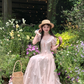 Pink long v-neck short-sleeved waist dress summer French retro temperament high-end dress R4743