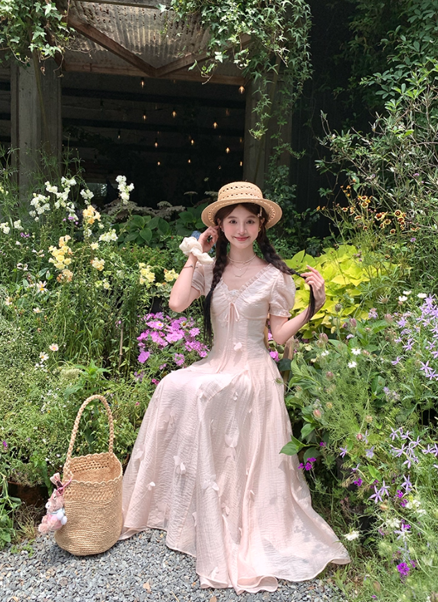 Pink long v-neck short-sleeved waist dress summer French retro temperament high-end dress R4743