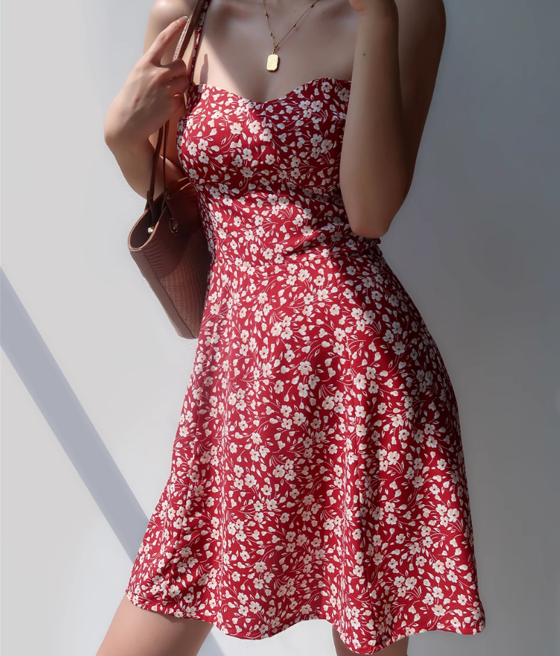 Retro girl red floral suspender skirt slim fit waist strappy short skirt holiday dress R2804