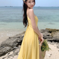 Yellow backless strappy suspender sexy dress seaside holiday long dress waist beach dress R1615