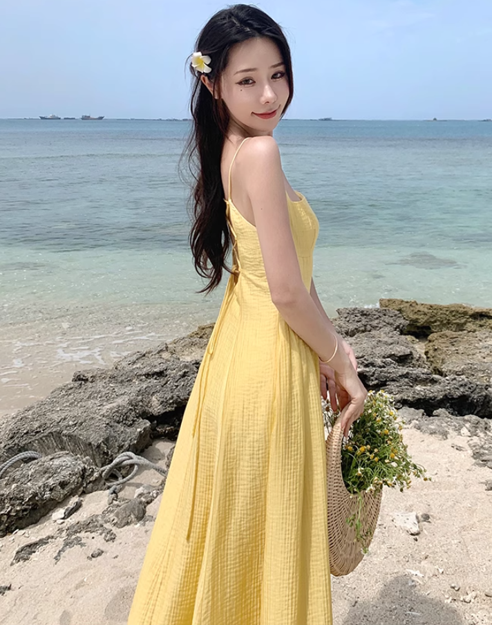 Yellow backless strappy suspender sexy dress seaside holiday long dress waist beach dress R1615