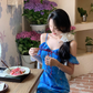 French blue floral suspender dress for women summer vacation fairy off-shoulder long dress R4375