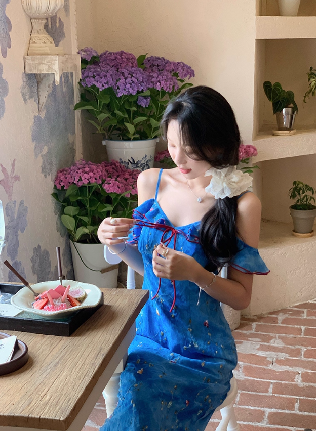 French blue floral suspender dress for women summer vacation fairy off-shoulder long dress R4375