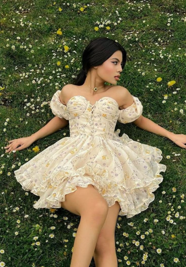 One-shoulder tube top floral gentle sexy homecoming dress R2493