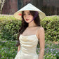 Light yellow suspender pleated flower A-line homecoming dress R2506