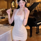 French lace splicing mesh halter dress 2025 waist hip evening dress R1286