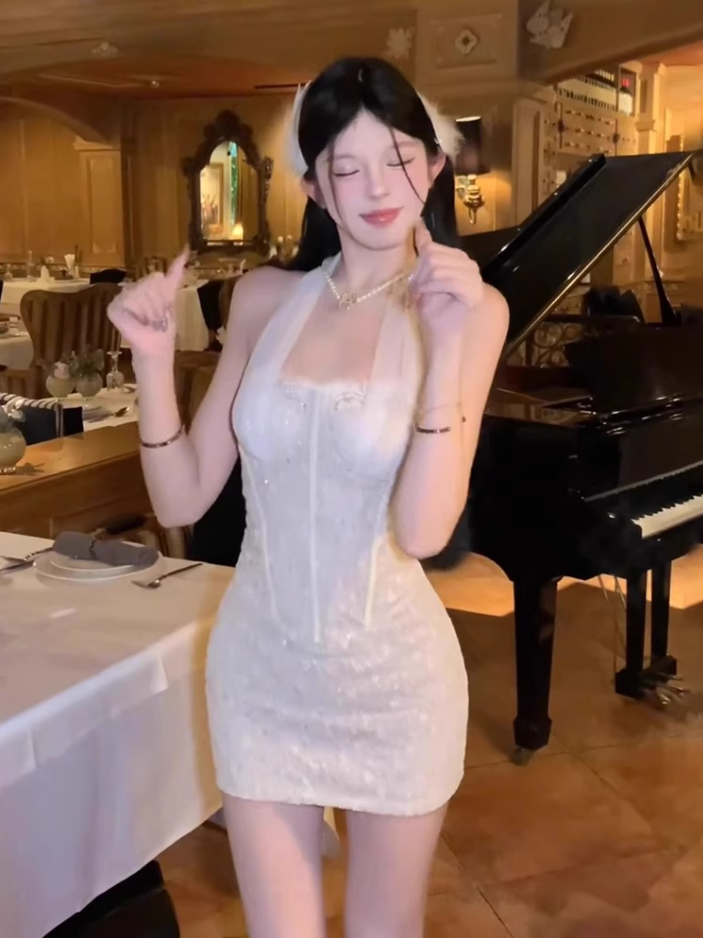 French lace splicing mesh halter dress 2025 waist hip evening dress R1286