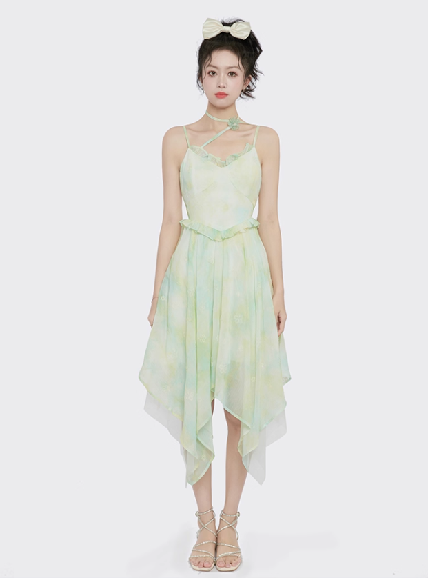 Small fresh and chic skirt embroidered suspender dress women's summer irregular mid-length skirt R4118