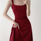 Retro red square neck suspender dress temperament waist banquet engagement A-line dress R1427