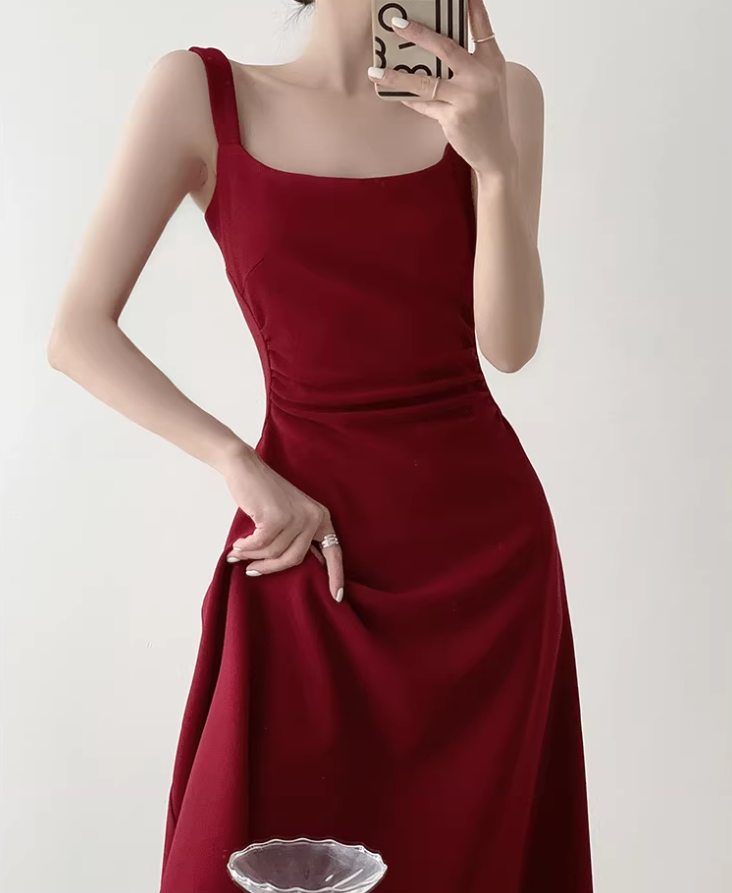 Retro red square neck suspender dress temperament waist banquet engagement A-line dress R1427