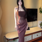 Sexy hot girl mesh splicing halter neck dress 2025 hip fishtail holiday dress R1202
