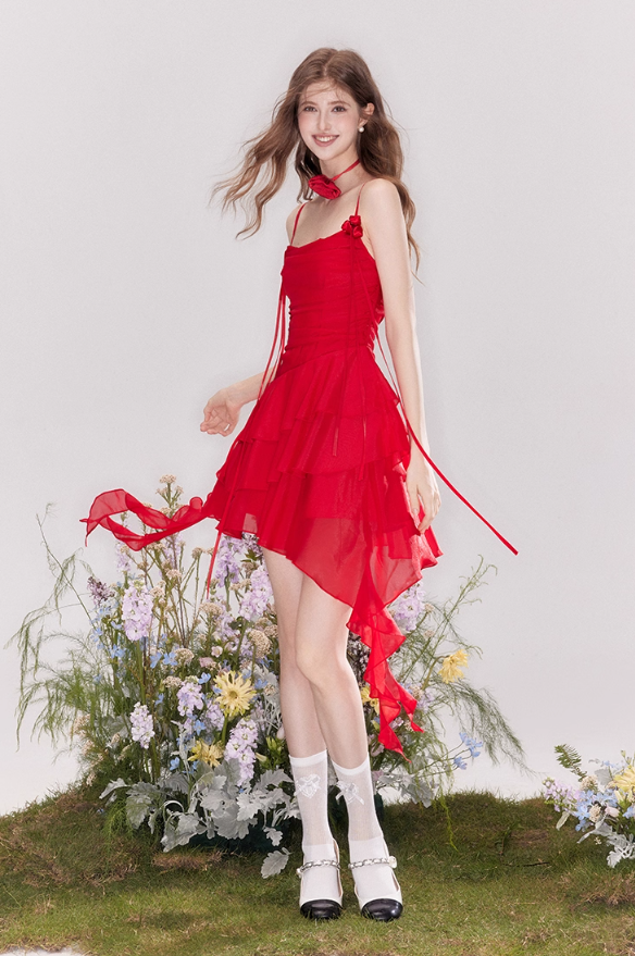French flower tie ruffled collar suspender dress R4542