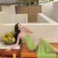Green suspender dress, elegant waist, slim fit, hip skirt R0535