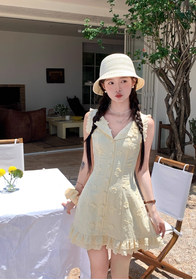 Yellow sleeveless waist a-line dress women's summer French temperament skirt R4622