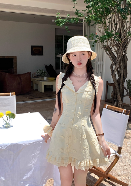 Yellow sleeveless waist a-line dress women's summer French temperament skirt R4622