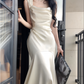 Mermaid satin white long dress engagement dress evening dress    S5941