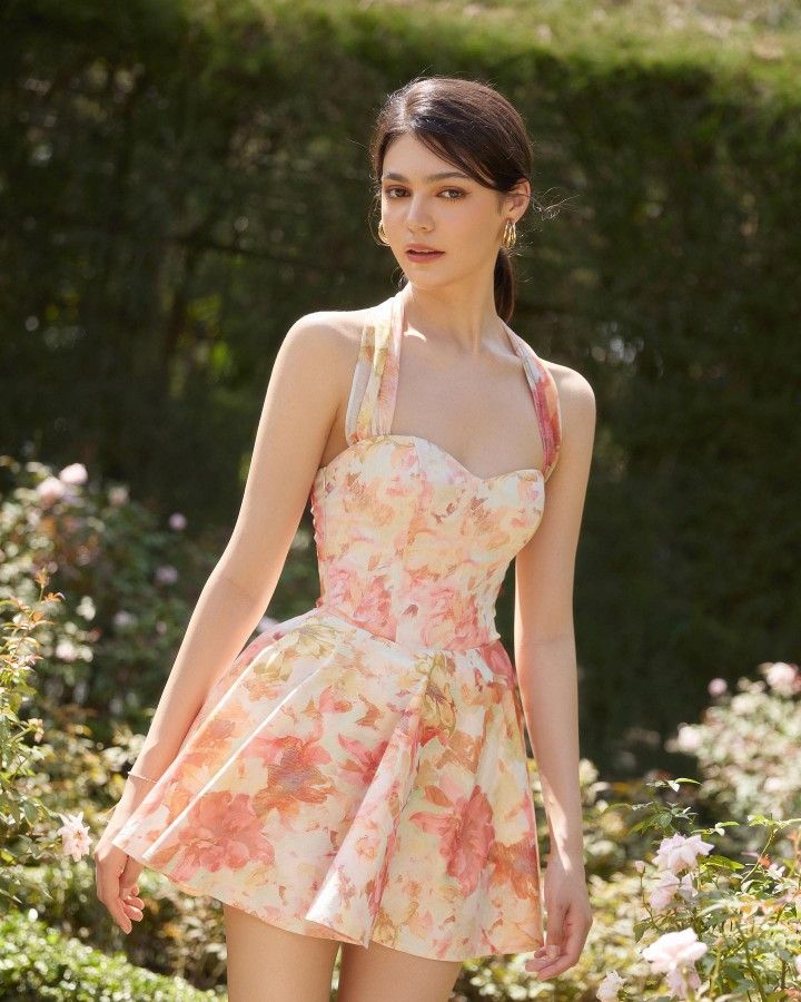 Pink floral halter neck slim waist short skirt homecoming dress R2883