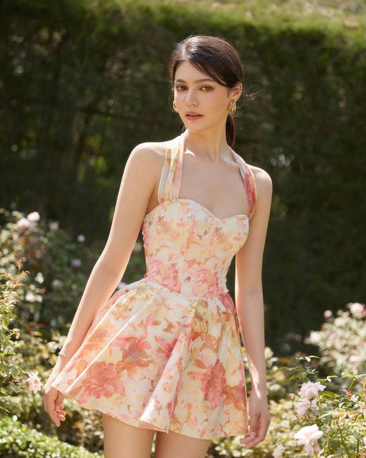 Pink floral halter neck slim waist short skirt homecoming dress R2883