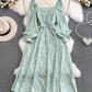 Gentle style long sleeves square neck waist slimming slit A-line print dress elegant long skirt R0355