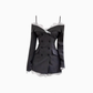 Design lace splicing one-shoulder striped dress 2025 long-sleeved waist short skirt R1302