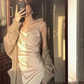 Silk satin sexy dress 2025 temperament holiday seaside slit inner suspender skirt R1441